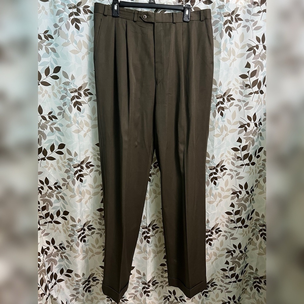 Polo University Ralph Lauren Pants Mens 34x33 Wool Super 100s Brown Pleated